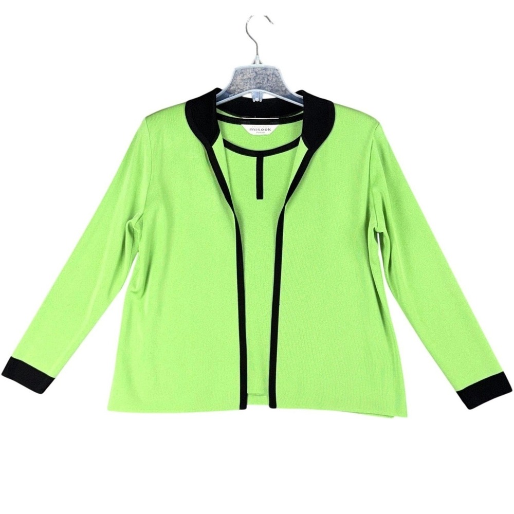 Misook Petite Women's M/L Lime Green Black Trimβ Knit Cardigan Tank Top Twin Set